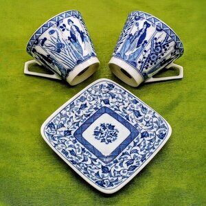 Vintage Inarco Japan Blue & White Porcelain Cups (2) + Bonus Plate